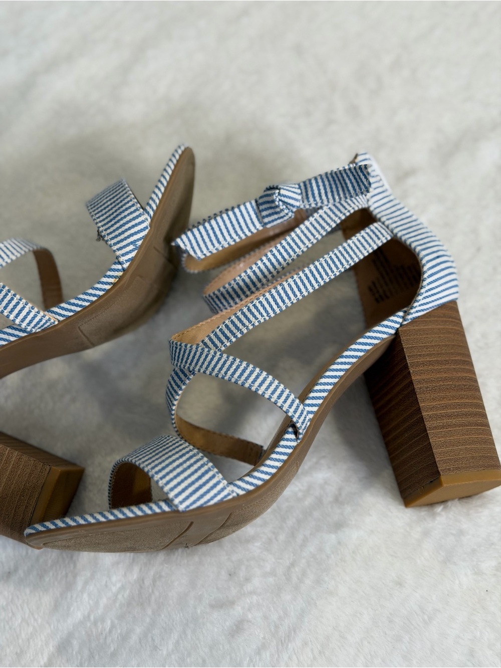 Lauren Conrad Strappy White and Blue Striped Block Heel Sandals